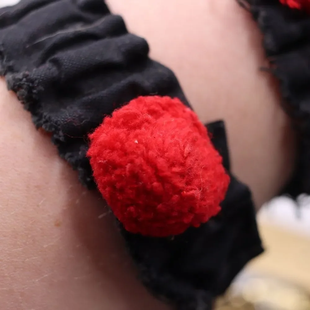 Vintage Black Ruffle Cuffs with Red Pom Pom Trim Elastic Accessories - Picture 4 of 7